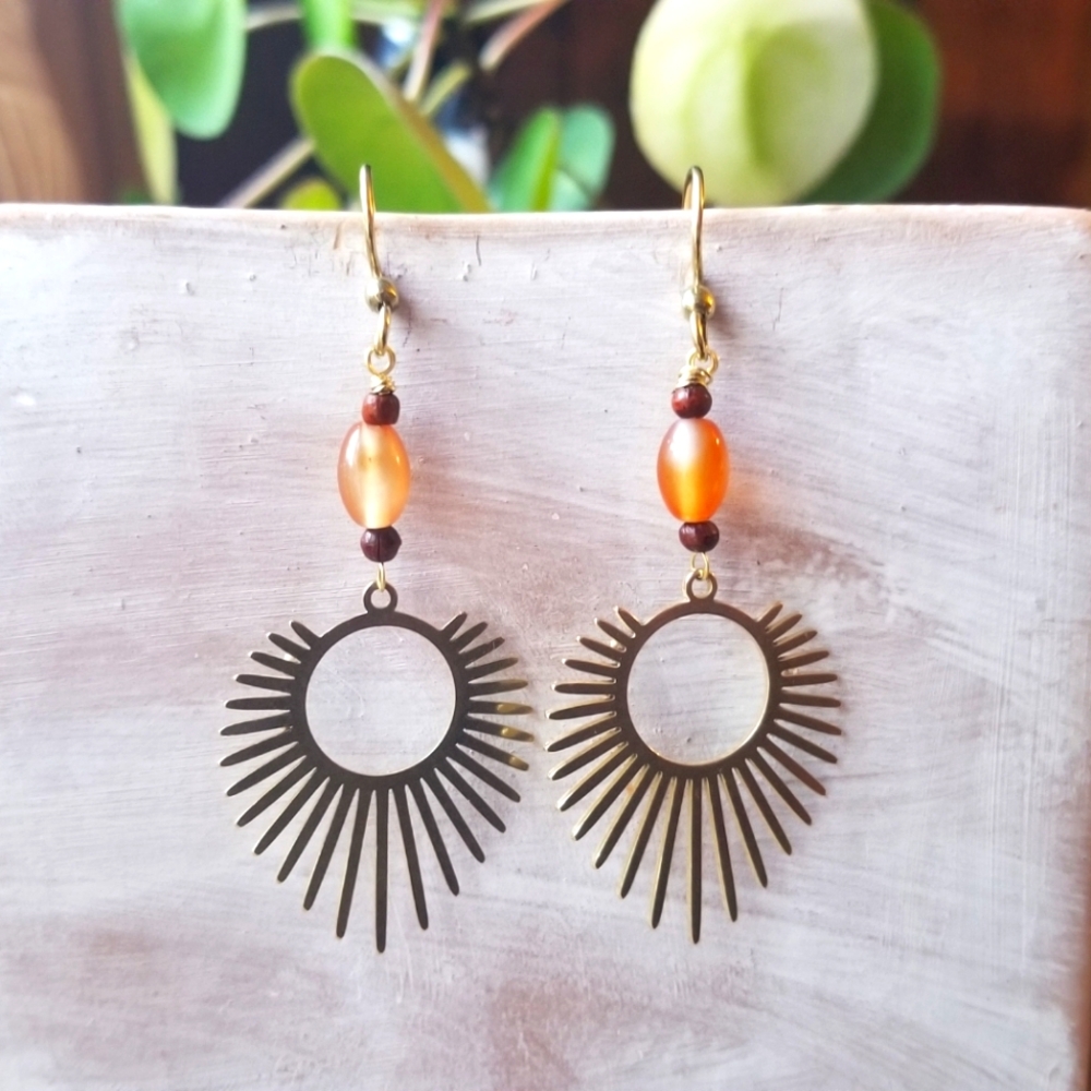 Handmade Boho Earrings - Agate and Brass - 2" Drop - New
